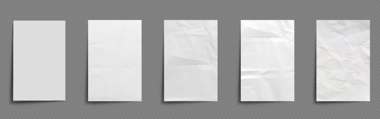 Poster - White paper sheet with wrinkle effect vector. Rough old note page with crease poster mockup design. Realistic blank png document with crumble texture. Simple notepaper piece for office illustration