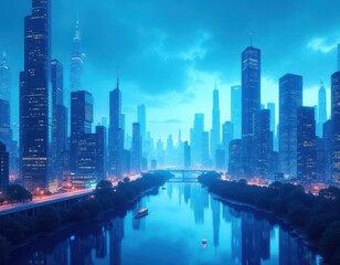 A conceptual illustration of a modern skyline with advanced architectural designs in shades of blue, depicting a visionary, high-tech urban landscape