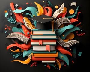 Poster - Vibrant abstract composition featuring a graduation cap amidst a dynamic chaotic stack of books representing the multifaceted nature of academic disciplines and the ever evolving nature of knowledge