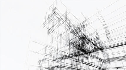 Wall Mural - Modern Architecture building construction perspective design white background A detailed drawing depicting a spacious living room with elegant stairs leading to an upper level, Draw sketch architectu
