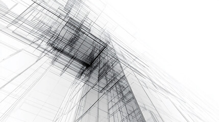 Wall Mural - Modern Architecture building construction perspective design white background A detailed drawing depicting a spacious living room with elegant stairs leading to an upper level, Draw sketch architectu
