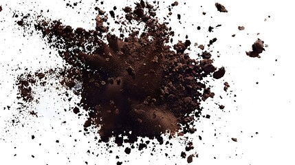 Wall Mural - Dark brown soil explosion with particles suspended mid-air, against a white background, capturing the moment in sharp detail and vivid color. 40k, full ultra hd, high resolution