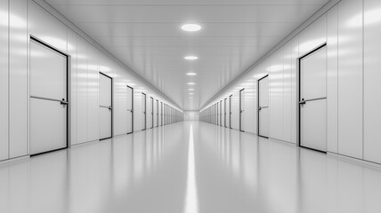 Poster - A long hallway with many doors and a white color. The hallway is empty and has a very clean and bright appearance