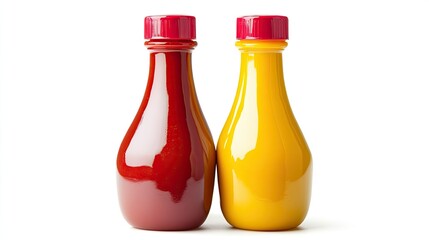 Yellow mustard and red ketchup bottles, isolated on white, vibrant colors and squeeze bottles