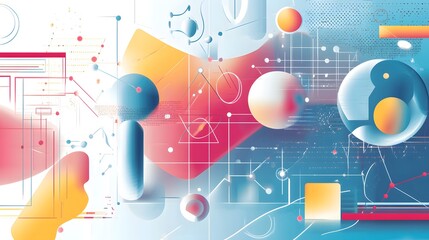 Poster - A colorful abstract painting with many shapes and lines. The painting is full of energy and movement, with a sense of chaos and complexity. The colors are bright and bold