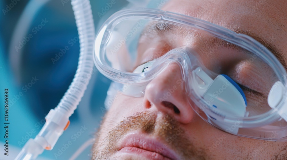 Patient uses cpap machine for sleep apnea a close-up of the mask and ...