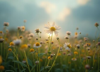 Wall Mural - Morning sunlight illuminating a meadow of wild daisies in bloom