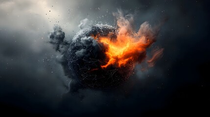 Poster - Explosive spherical molecular structure erupting in a dramatic burst of fire smoke and energy   a powerful dynamic and cinematic digital sci fi artwork