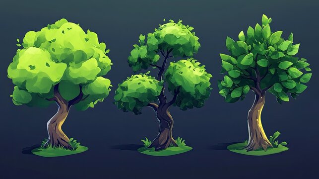 A collection of unique cartoon tree designs featuring vibrant green leaves, isolated for game assets
