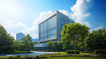 Wall Mural - Eco building in modern city concept. Modern office building with the fresh green leaves. Office building with glass facades, set in the modern city center on a sunny day 

