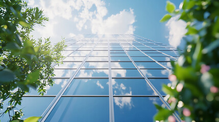 Wall Mural - Ecofriendly building in the modern city Sustainable glass office building with tree for reducing heat and carbon dioxide Office building with green environment   Modern Glass Corporate Headquarters Un