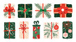 © Plawarn - Set of isolated Christmas gift boxes and present decoration ornaments in cute doodle hand-drawn graphic illustration style on a transparent background. Volume 1: Vivid red, green and beige color tones