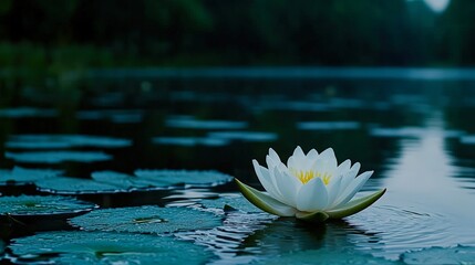 Canvas Print - A serene water lily blossoms on a tranquil lake, surrounded by green lily pads, This image evokes calmness and nature's beauty, ideal for wellness, meditation, or environmental themes,