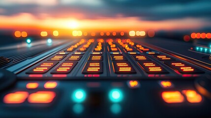 Poster - Close-up of illuminated buttons on a modern sound mixing console.