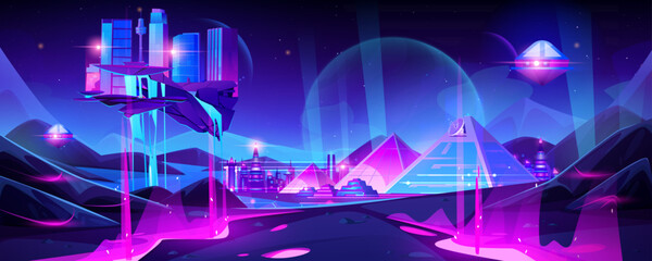 Poster - Neon metaverse tech city background with pyramid. Futuristic egypt cityscape for virtual reality hologram. Night skyline with smart floating town island. Global cyber innovation graphic vector