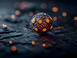 Poster - Glowing spherical molecule with elegant kinetic movement and intricate crystalline network pulsing with bioluminescent hues and hyper detailed texture