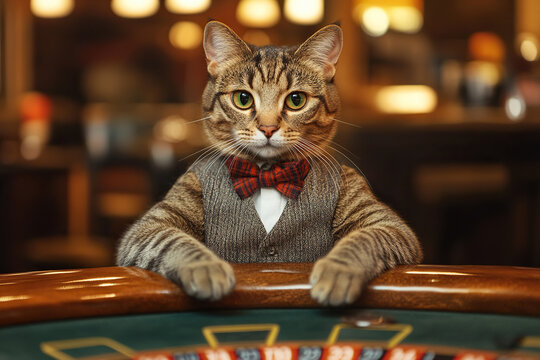 A grey cat in a suit with a bow tie on his neck works as a croupier in a casino. Generated by artificial intelligence