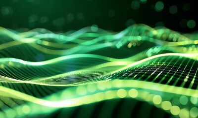 Fototapete - Abstract green light on an abstract background with glowing fiber optic cables in the style of data transfer concept, black color theme, high resolution photography


