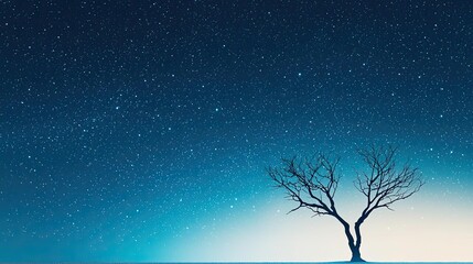 Poster - Lonely tree under a starry night sky, serene landscape, deep blue tones.