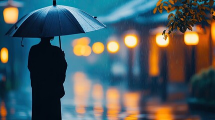 Poster - Person with umbrella in rain, blurred lights in background, moody atmosphere.