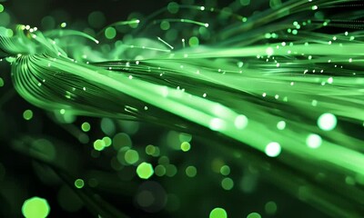 Fototapete - Abstract green light on an abstract background with glowing fiber optic cables in the style of data transfer concept, black color theme, high resolution photography


