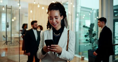 Poster - Business woman, phone and happy in hotel for travel, social media and communication with client. Employee, mobile and smile in lobby for project feedback, email message and schedule with networking