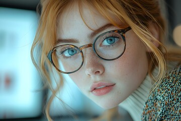 Close-up portrait of a redhead woman with glasses and blue eyes