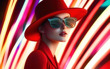 An elegant high-quality image featuring a young, fashionable model girl in a trendy outfit, donning a chic red hat and sunglasses