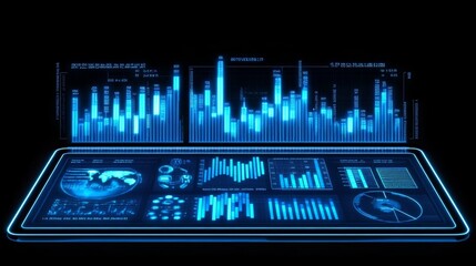 Poster - futuristic interface with blue neon charts and data visualization