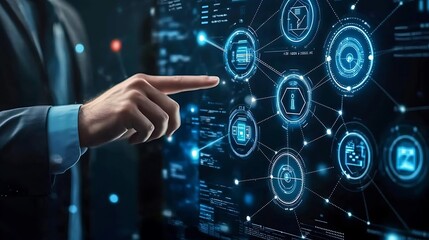 businessman touching a digital business network connection icons