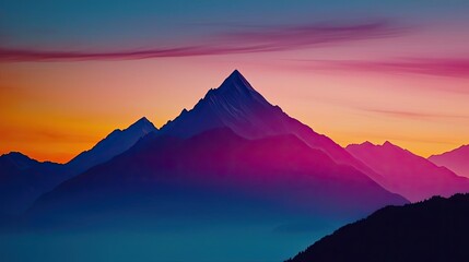 Poster - Majestic mountain silhouetted against a vibrant sunset sky.