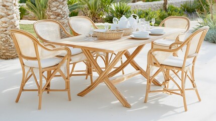 A stylish outdoor dining set made of rattan featuring a round table and matching chairs, perfect for al fresco meals in a green setting.