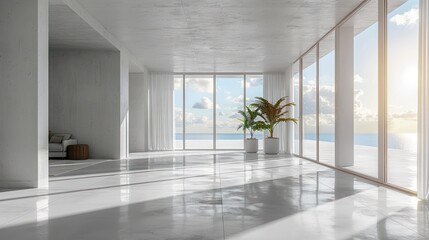 Wall Mural - Serene modern living space with expansive glass windows and ocean views, bathed in sunlight and tranquility. Generative AI