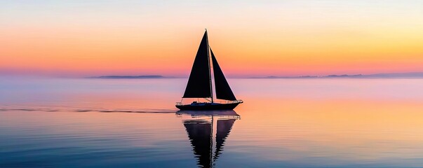 Poster - Sailboat on tranquil water during sunset, creating a peaceful and serene atmosphere.