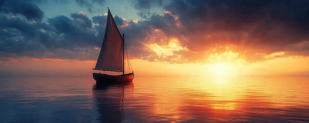 Poster - Sailboat on calm water at sunset, colorful sky with clouds, serene atmosphere.