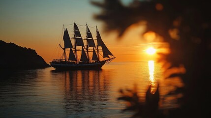 Poster - Sailing ship on tranquil waters during a beautiful sunset, serene nature view.