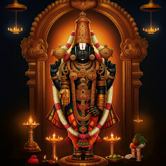 A divine depiction of Lord Venkateswara surrounded by a glowing temple ambience, symbolizing divine blessings, protection, and prosperity