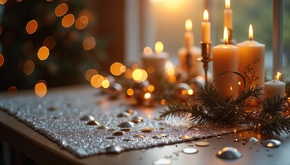 Wall Mural - Empty table with candles in the background