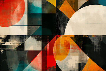 Poster -  colorful abstract painting with a lot of different shapes and colors. The painting is full of energy and movement, with the shapes and colors blending together in a dynamic way