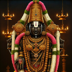 Wall Mural - Illustration of Lord Venkateswara adorned with garlands in a temple, symbolizing blessings, prosperity, and devotion