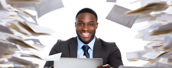 Wall Mural - A man in a suit smiles while working on a laptop surrounded by flying papers in a bright office environment