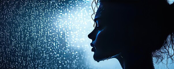Poster - Silhouette of a woman under rain, expressing deep emotional reflection.