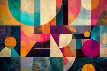 Poster -  colorful abstract painting with a lot of different shapes and colors. The painting is full of energy and movement, with the shapes and colors blending together in a dynamic way