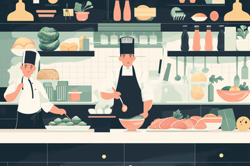 Poster -  chefs are cooking in a kitchen with a variety of food items on the counter. Scene is lively and bustling, as the chefs are working together to prepare a meal