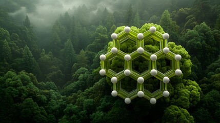 Poster - Mesmerizing molecular cluster with elegant symmetry and intricate details set against a breathtaking lush forest backdrop