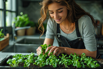 A woman carefully tends to a tray of microgreens growing indoors on a kitchen countertop. Fresh and healthy, these tiny sprouts thrive under her care, perfect for  sustainable eating.