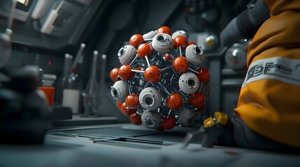 Poster - vibrant and detailed digital of a spherical molecular structure in a futuristic laboratory setting d