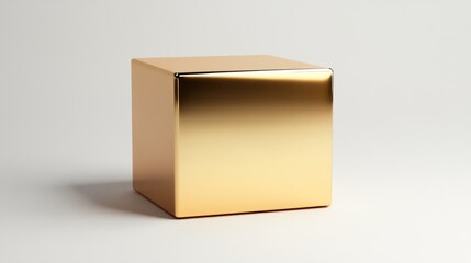 A metallic gold box with sharp, reflective surfaces, placed symmetrically on a plain white background