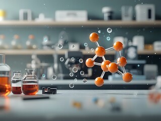 Poster - Visually captivating digital painting depicting a fluid dynamic molecular model with delicate yet intricately detailed atomic bonds shimmering gradients of vibrant hues