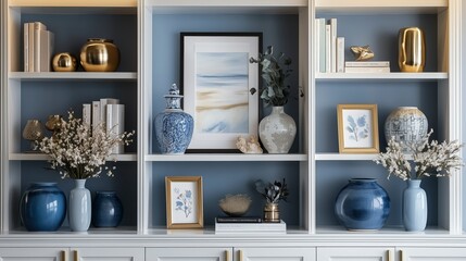 close-up zoom virtual background with beautiful blue modern home office wall shelving: steady, compo